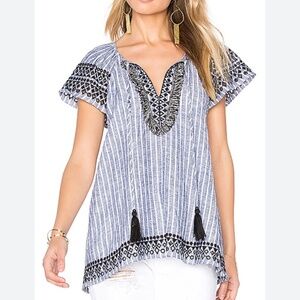 Parker Valerie top size L boho linen blend blue stripe tasseled embroidered